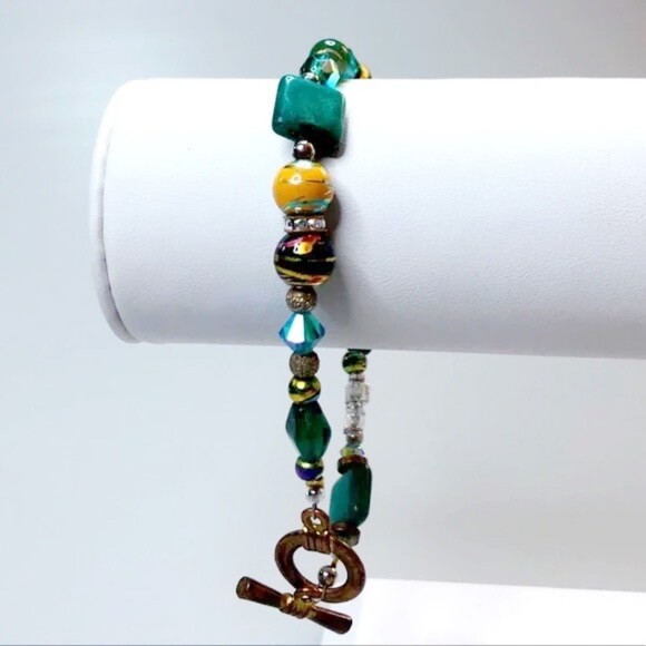 Beaded Toggle Bracelet Handmade Gold & Teal - Picture 3 of 8